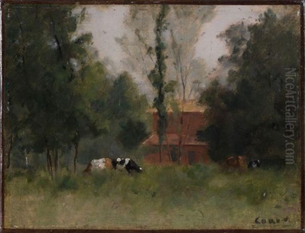 Italie, Vaches Au Paturage Oil Painting by Jean-Baptiste-Camille Corot