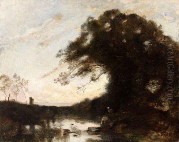 La Chevre Au Pied Des Grands Arbres (soleil Couchant) Oil Painting by Jean-Baptiste-Camille Corot