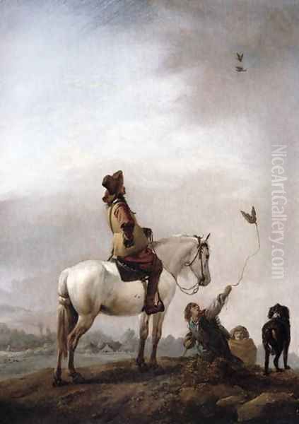 Gentleman on a Horse Watching a Falconer Oil Painting by Philips Wouwerman