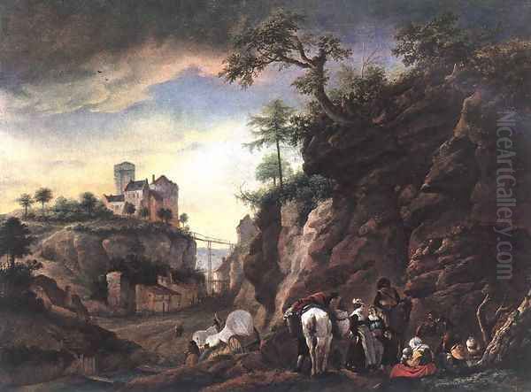 Rocky Landscape With Resting Travellers Oil Painting by Philips Wouwerman