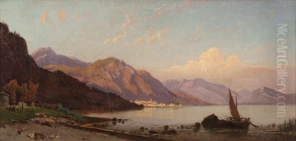 Veduta Del Lago Di Nemi Con Barca E Pescatore A Riva Oil Painting by Hermann David Salomon Corrodi