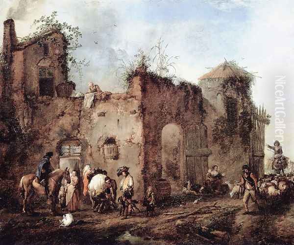 Courtyard with a Farrier Shoeing a Horse Oil Painting by Philips Wouwerman