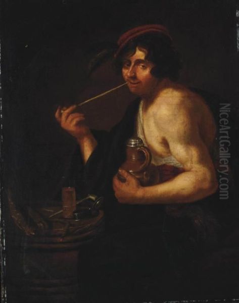 A Man Smoking, Holding An Earthenware Jar In His Left Hand Oil Painting by Jan Cossiers