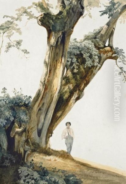 Two Studies Of Trees, One With A Figure Oil Painting by Giovanni Costa