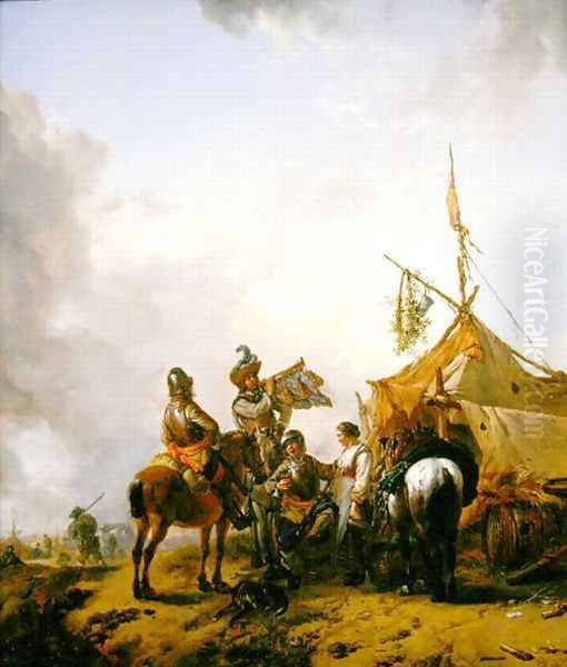 Soldiers carousing with a serving woman outside a tent Oil Painting by Philips Wouwerman