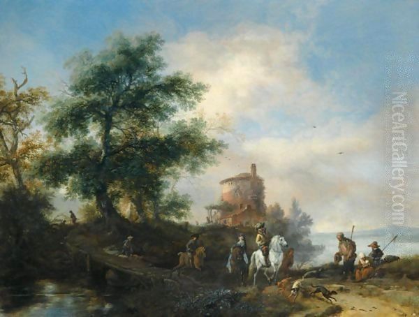 A river landscape with a gentleman and lady riding to the chase Oil Painting by Philips Wouwerman