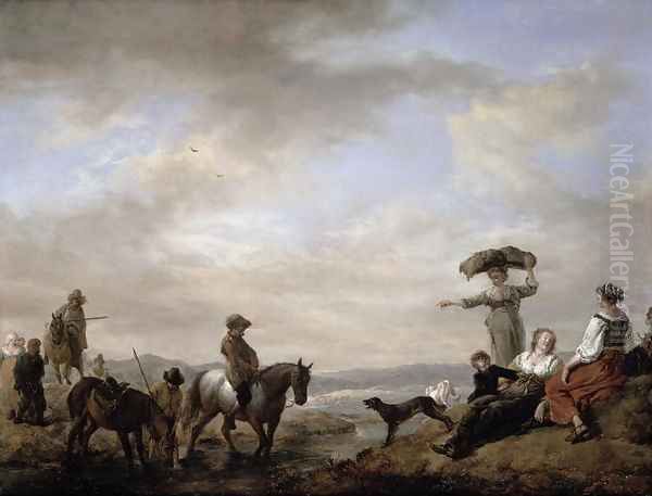 Landscape with a gentleman on horseback fording a stream Oil Painting by Philips Wouwerman