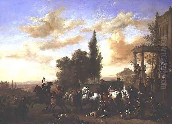 The Departure of a Hunting Party from a mansion Oil Painting by Philips Wouwerman