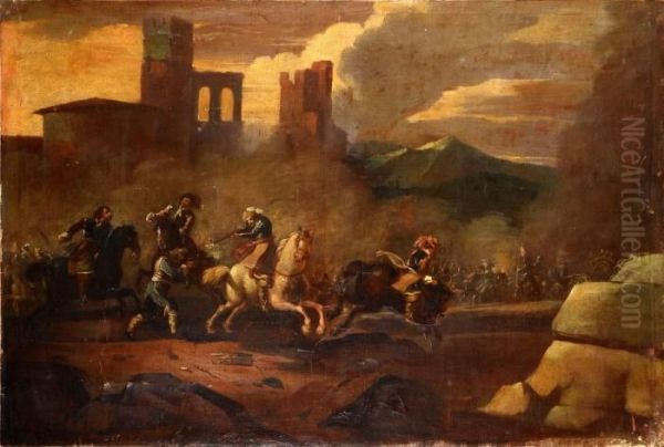 Attaque De Brigands Oil Painting by Jacques Courtois Le Bourguignon