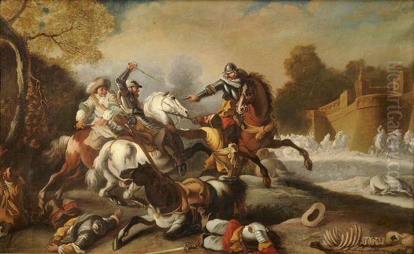 Choc De Cavalerie Pres Des Remparts Oil Painting by Jacques Courtois Le Bourguignon