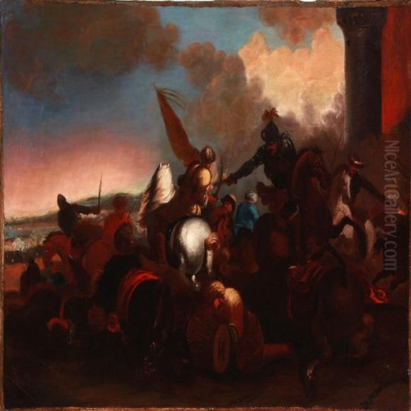 Battle Scene With Warriors On Horsebacks Oil Painting by Jacques Courtois Le Bourguignon