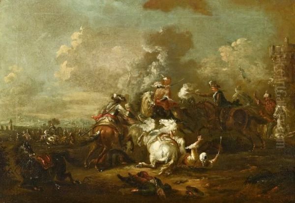 Cavalry Battles Oil Painting by Jacques Courtois Le Bourguignon