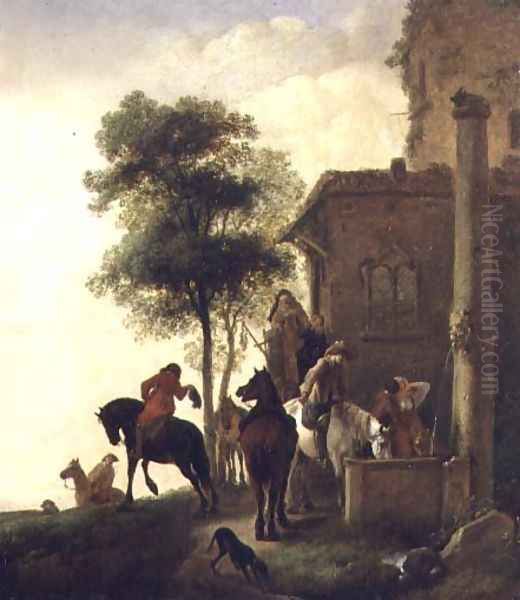 Travellers Watering Their Horses Outside an Inn Oil Painting by Philips Wouwerman