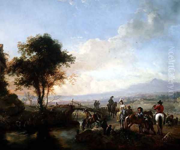 River landscape with travellers by a bridge Oil Painting by Philips Wouwerman