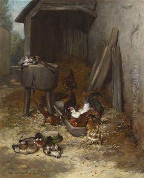 Chickens In The Barn Oil Painting by Philibert Leon Couturier