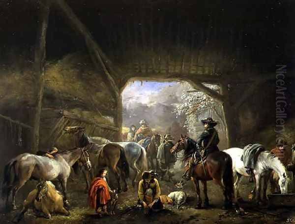 Sheltering from the Storm: a Stable with Travellers Resting on their Mounts Oil Painting by Philips Wouwerman