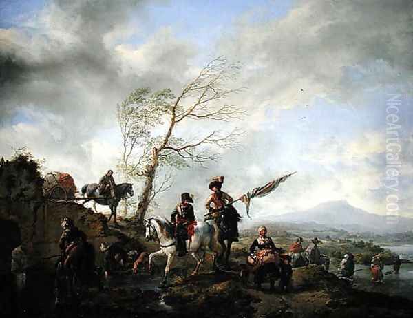 Landscape with Soldiers Watering their Horses Oil Painting by Philips Wouwerman