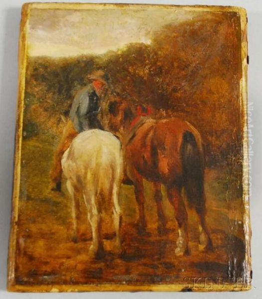 Two Horses With Rider Oil Painting by David I Cox