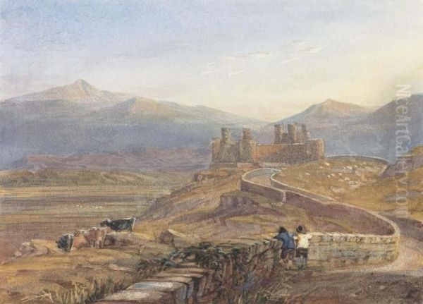 Harlech Castle From The Barmouth Road Oil Painting by David I Cox