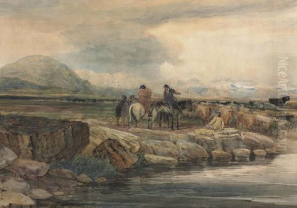 Highland Drovers With Cattle Oil Painting by David I Cox