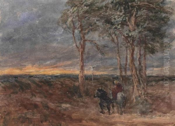 Travellers At A Signpost On A Windy Heath Oil Painting by David I Cox