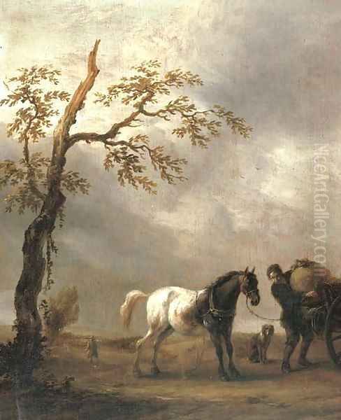 A horse stalling with a peasant loading a cart in a landscape Oil Painting by Philips Wouwerman