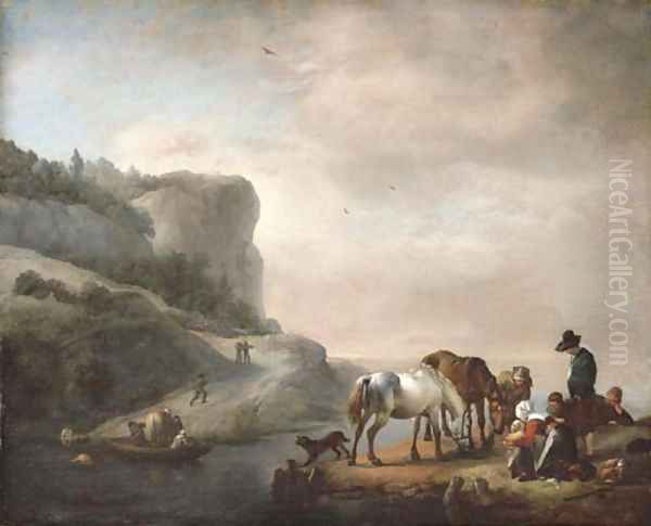 A river landscape with peasants and horses on the shore and a ferry crossing Oil Painting by Philips Wouwerman