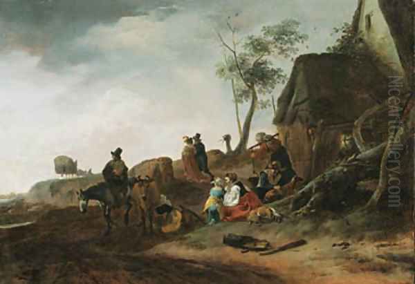 A traveller on horseback, a milkmaid and peasants by a cottage in a landscape, an elegant couple and a carriage beyond Oil Painting by Philips Wouwerman