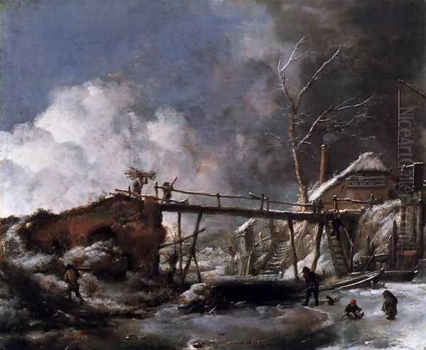 Winter Landscape with Wooden Bridge Oil Painting by Philips Wouwerman