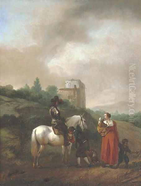 A man on a white horse conversing with a woman and children on a track, a house beyond Oil Painting by Philips Wouwerman