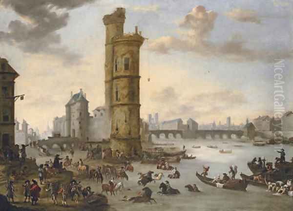 Horsemen bathing their mounts at the Tour de Nesle with the Porte de Nesle and the Pont-Neuf beyond, Paris Oil Painting by Philips Wouwerman