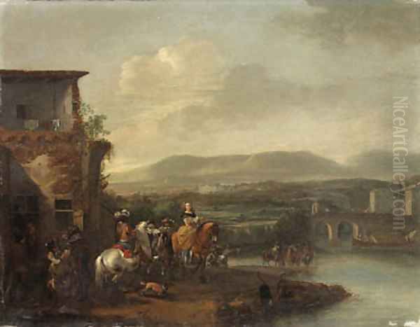 Travellers outside an Inn by a River, an extensive landscape with a bridge and a manor house beyond Oil Painting by Philips Wouwerman