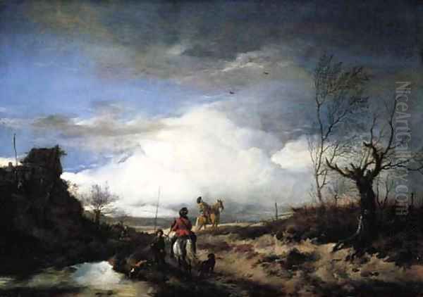 Two men hawking in an extensive landscape Oil Painting by Philips Wouwerman