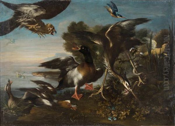 Un Airone, Anatre E Altri Uccelli In Un Paesaggio Fluviale Oil Painting by Angelo Maria Crivelli, Il Crivellone