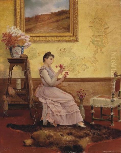 A Woman Arranging Flowers In An Interior Oil Painting by Georges Croegaert