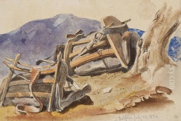 Delphi, A Study Of Two Saddles Resting Under A Tree Oil Painting by Thomas Hartley Cromek