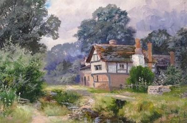 A Country Cottage By A Stream Oil Painting by James Henry Crossland