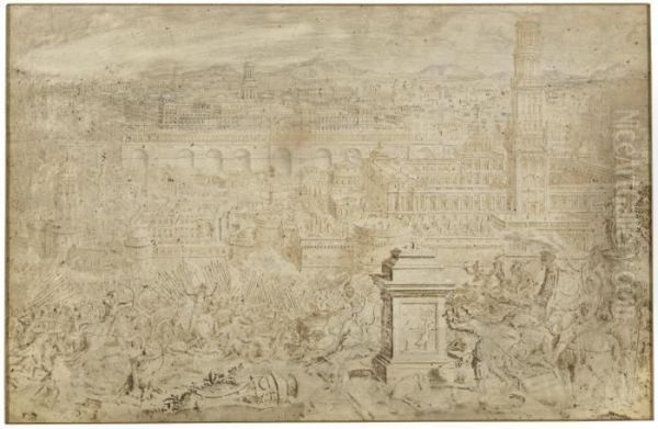 Topographic View Of Jerusalem: Judas Maccabeus Victorious Over Antiochus Oil Painting by Lieven Cruyl