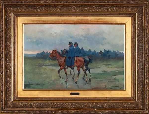 Militares A Caballo Oil Painting by Josep I Cusachscusachs