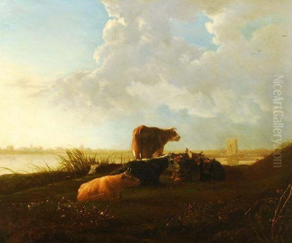 Cattle On A River Bank Oil Painting by Aelbert Cuyp