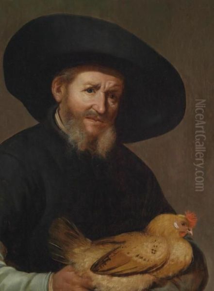 Portrait Of A Bearded Man In A Hat And Black Cloak Holding A Cock Oil Painting by Jacob Gerritsz. Cuyp