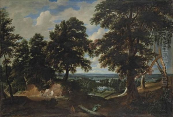 An Extensive Wooded Landscape Oil Painting by Jaques D'Arthois