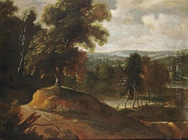 A Wooded Landscape With A Figure Walking Up A Hill, A Church Beyond Oil Painting by Jaques D'Arthois