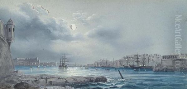 The Three Cities, Malta; And Valetta Harbour By Moonlight Oil Painting by Vincenzo D Esposito