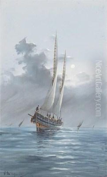 Sailing Boats In Themoonlight Oil Painting by Vincenzo D Esposito