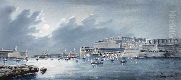 Valetta Harbour By Night Oil Painting by Vincenzo D Esposito