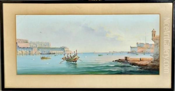 Valetta Harbour With Fishing Boats And Other Vessels Oil Painting by Vincenzo D Esposito