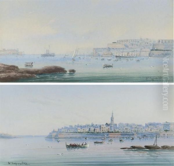 Fishing Boats Off The Coast, Valetta; And Valetta From Thecoast Oil Painting by Vincenzo D Esposito