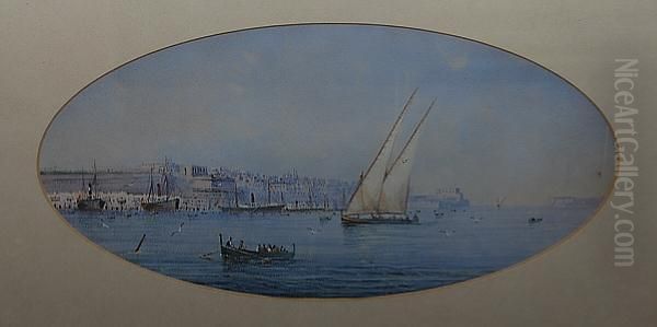 Valetta Harbour, Oval Oil Painting by Vincenzo D Esposito