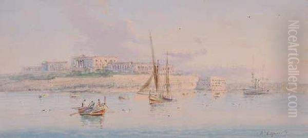 Gouache, Maltese Harbour Scene Oil Painting by Vincenzo D Esposito